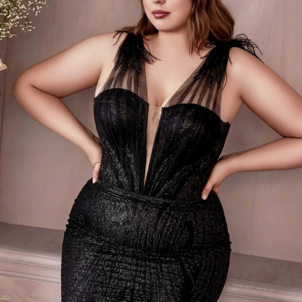 COPY - Plus size silver or black glitter feather mermaid maxi dress